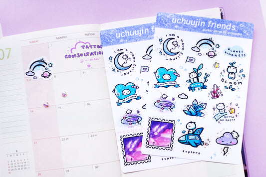 uchuujin friends alien sticker sheet, space friends sticker sheet, kiss cut