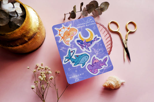 underwater space beings whale sticker sheet, kiss cut sticker sheet