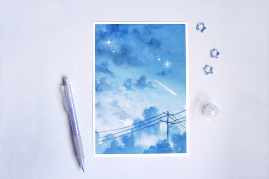 ignored texts, blue cloud sky art, A5 watercolour art print