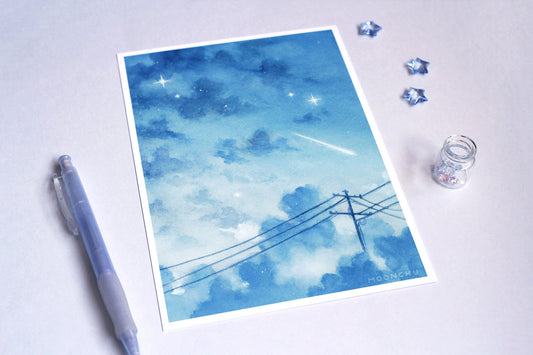 ignored texts, blue cloud sky art, A5 watercolour art print