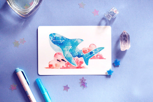 sky whale shark art, sky whale art, watercolour art print