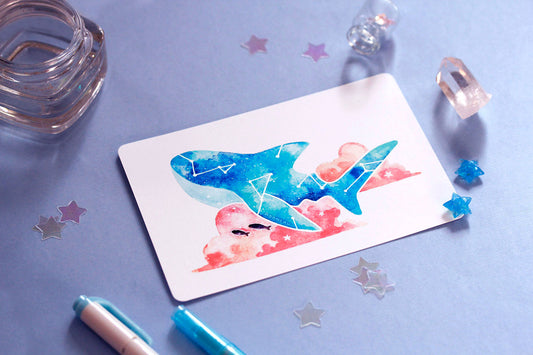 sky whale shark art, sky whale art, watercolour art print